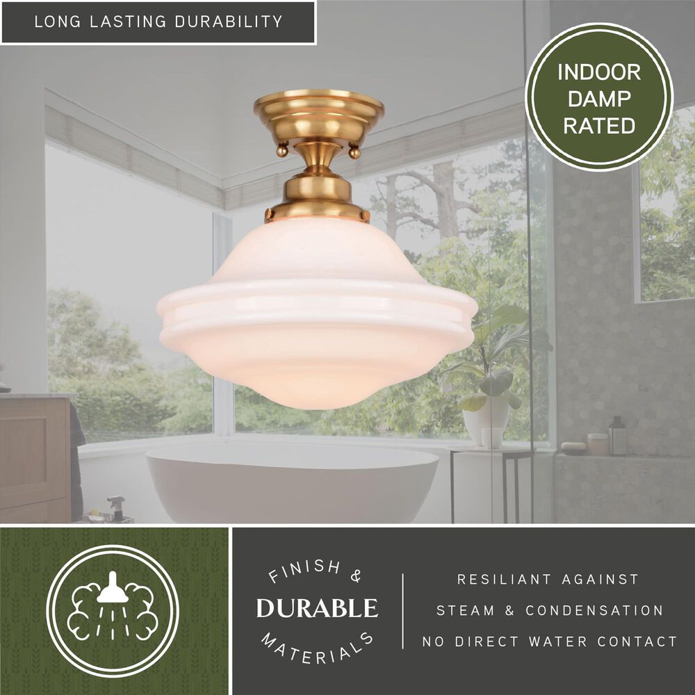 Vaxcel Huntley 12" 1-Light Semi Flush Mount with White Glass Shade in Natural Brass, , large