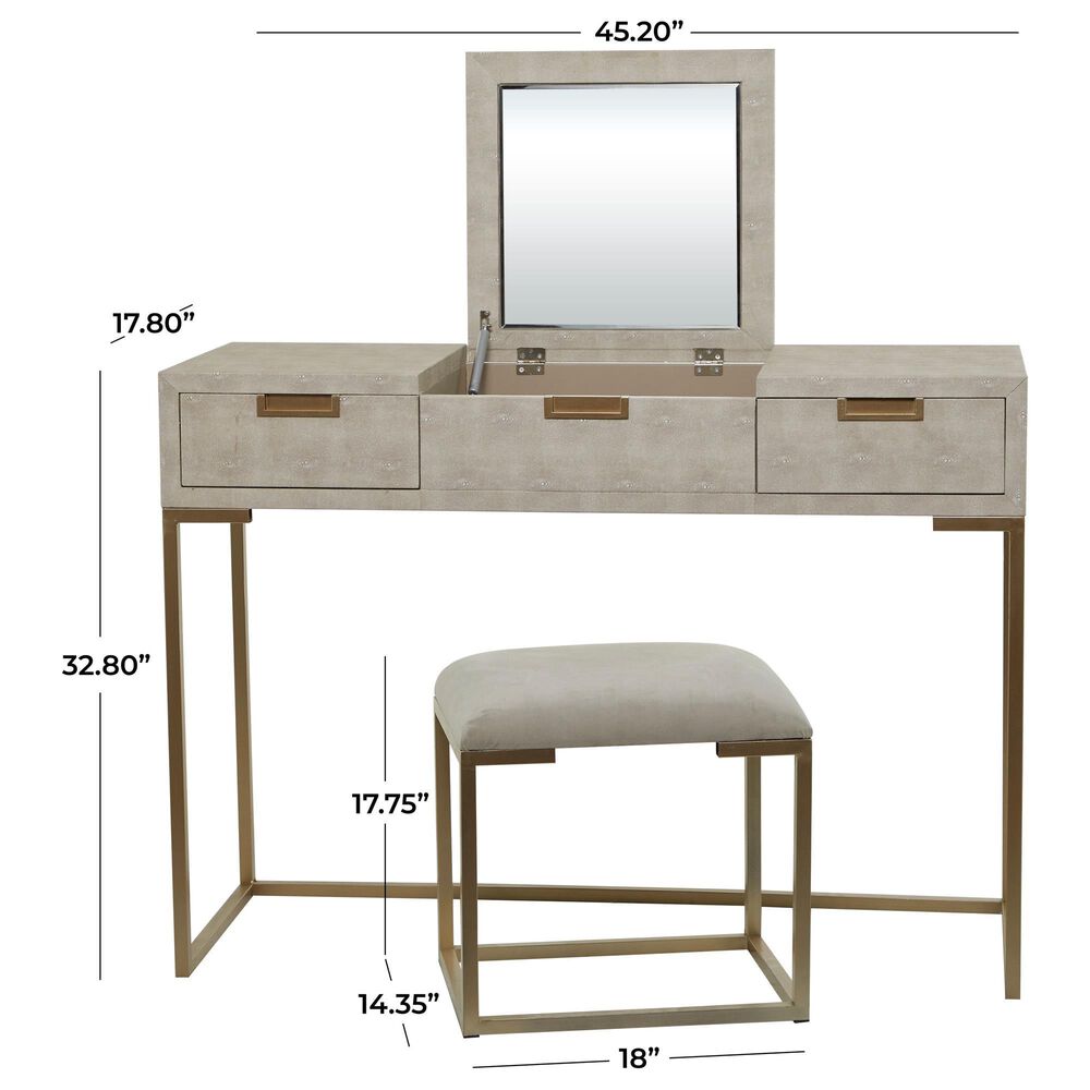 Maple and Jade Vanity Stool and Hidden Mirror in Light Gray and Gold, , large