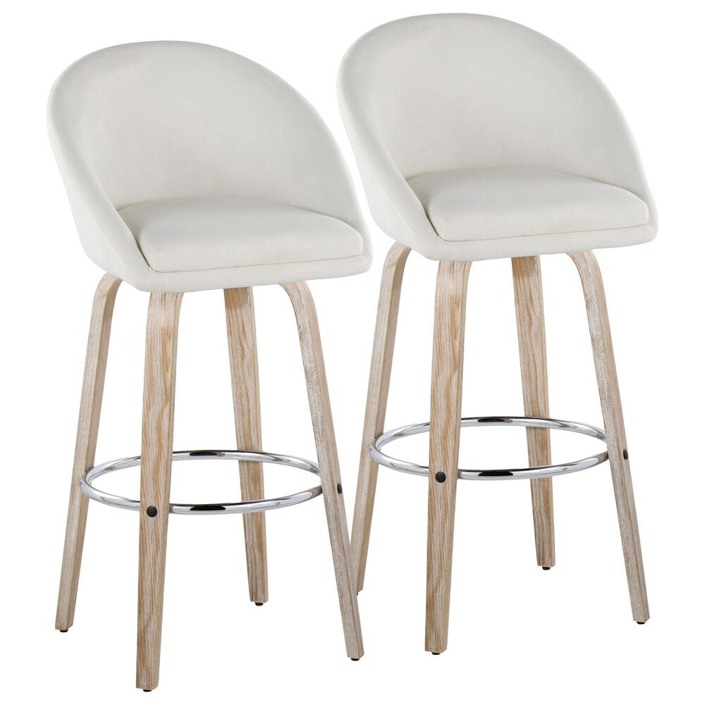 LumiSource Matisse 30" Swivel Barstool with Cream Fabric Upholstery in Whitewashed and Chrome (Set of 2), , large