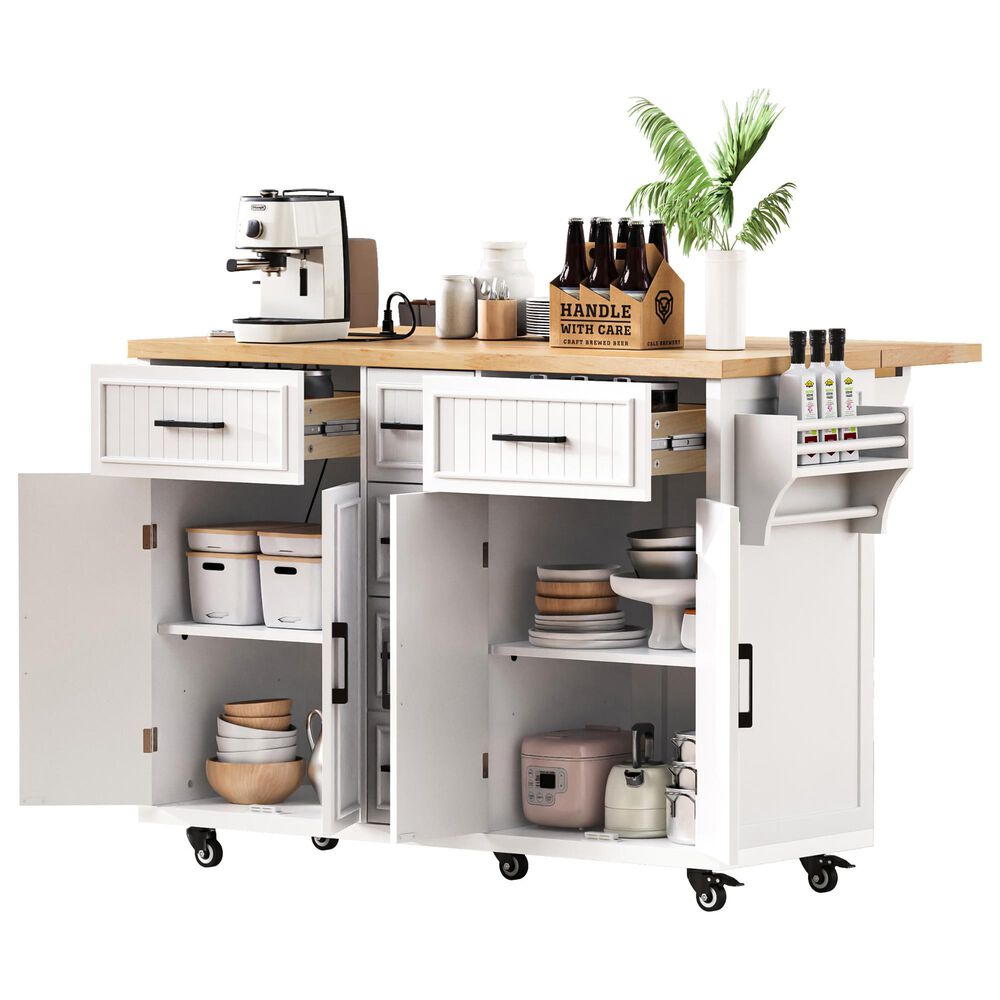 HOMLUX 56.5'' Kitchen Island with Drop Leaf in White and Natural, , large
