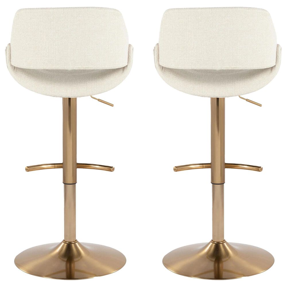 LumiSource Fabrico Swivel Adjustable Bar Stool with Cream Noise Fabric Upholstery and Rounded T Footrest in Gold (Set of 2), , large