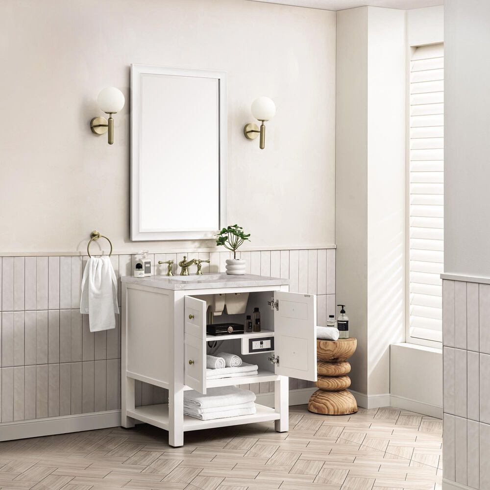 James Martin Vanities Breckenridge 30&quot; Single Bathroom Vanity in Bright White with 3 cm Victorian Silver Quartz Top and Rectangular Sink, , large