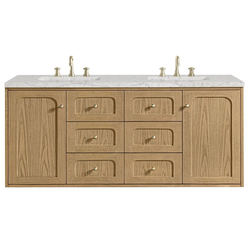 James Martin Vanities Laurent 60&quot; Double Bathroom Vanity in Light Natural Oak with 3 cm Eternal Jasmine Pearl Quartz Top and Rectangular Sinks, , large