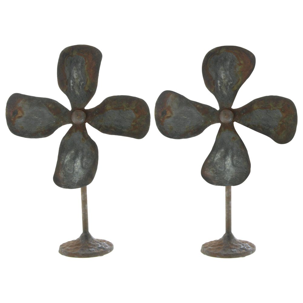 Maple and Jade Industrial Fan Sculpture in Distressed Gray and Rust Brown (Set of 2), , large