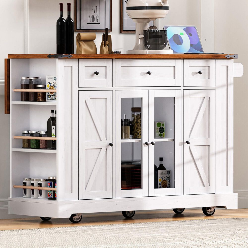 HOMLUX 53" Kitchen Island with Two Tempered Glass Cabinet Door in White, , large