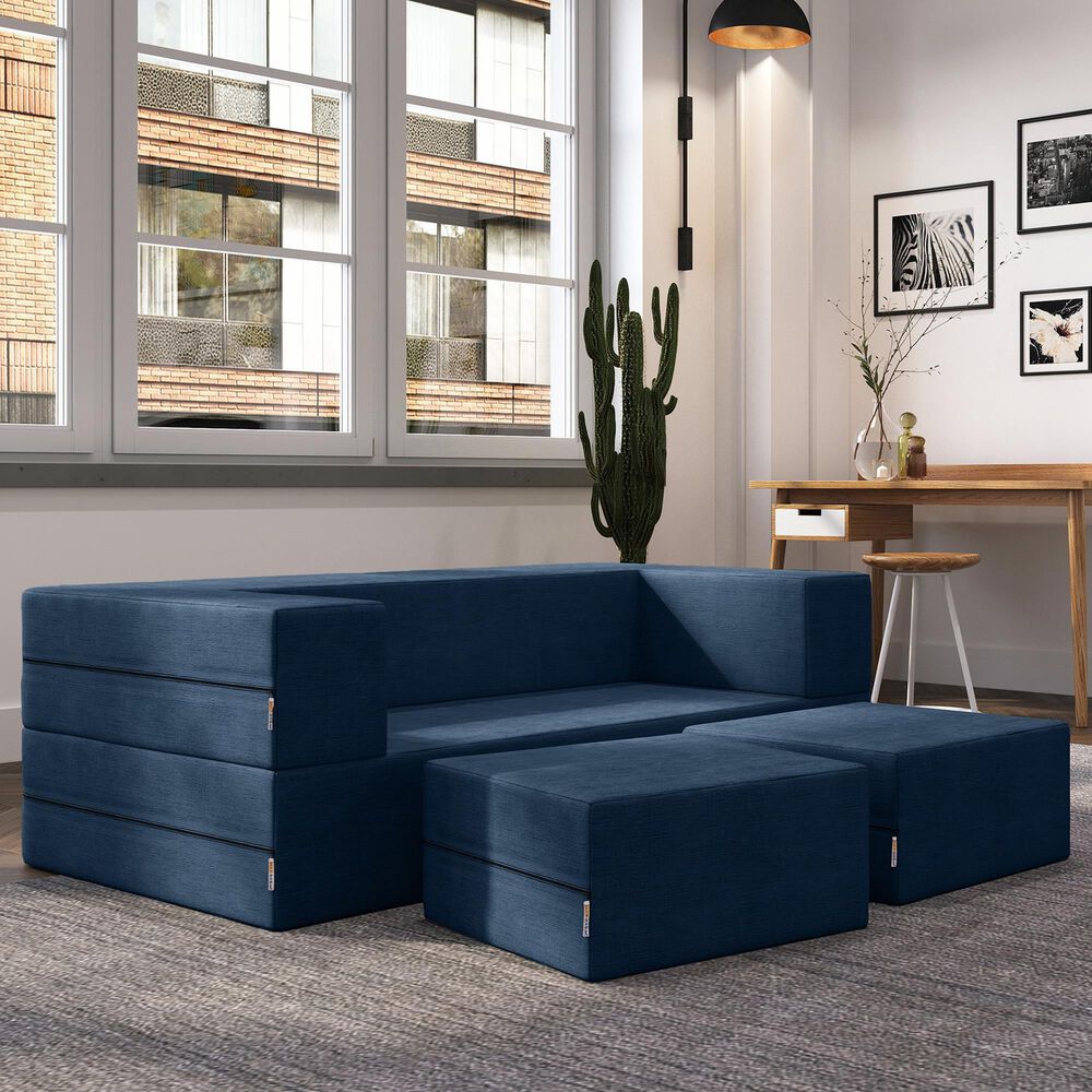 Jaxx Zipline 3-Piece Stationary Convertible Sleeper Loveseat in Indigo Velvet, , large