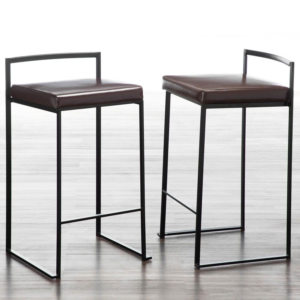 Lumisource Fuji Stackable Counter Stool with Brown Faux Leather Cushion in Black &#40;Set of 2&#41;, , large