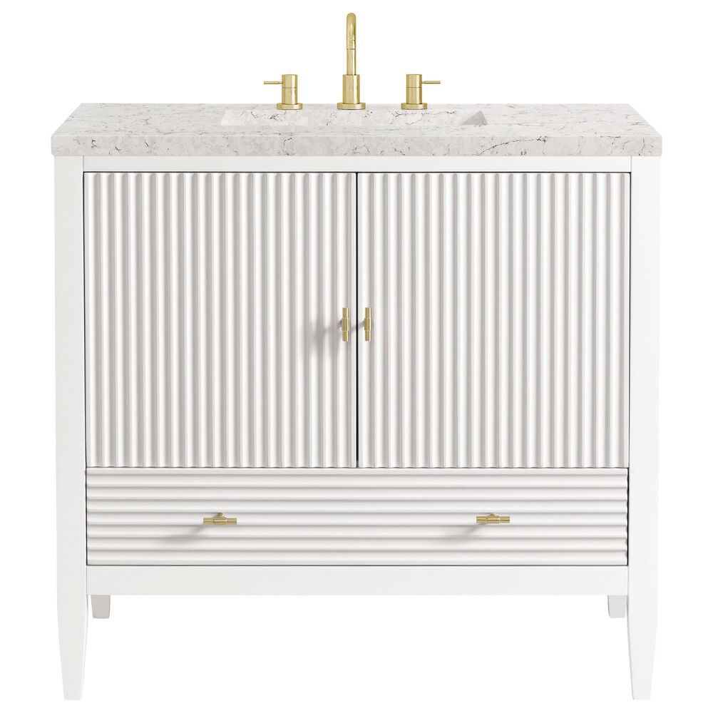 James Martin Vanities Myrrin 36&quot; Vanity in Bright White with 3 cm Eternal Jasmine Pearl Quartz Top, , large