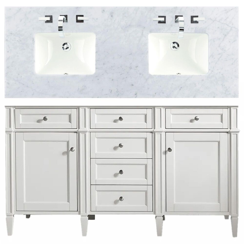James Martin Vanities Brittany 60" Double Bathroom Vanity in Bright White with 3 cm Carrara White Marble Top, , large