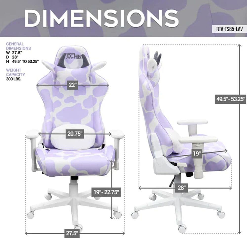 Techni Sport Cow Gaming Chair in Purple and White, , large