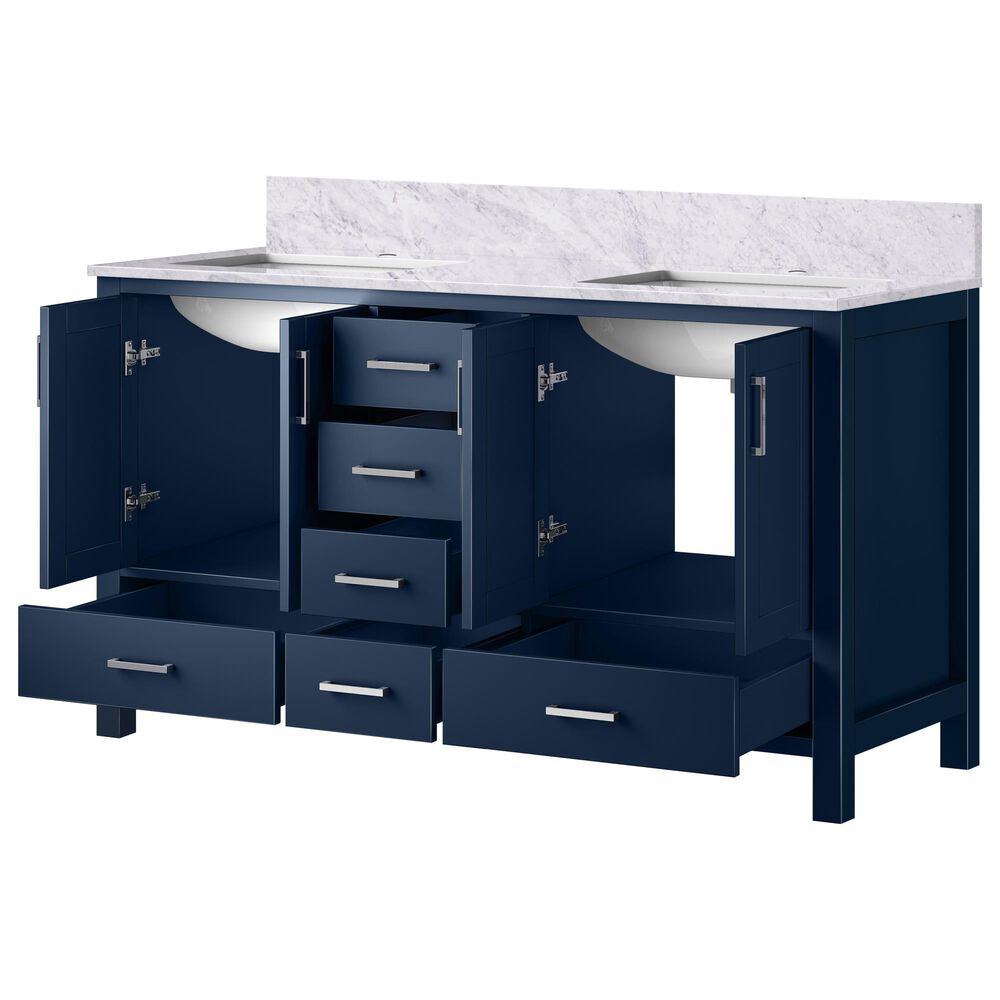 Lexora Home Jacques 60&quot; Double Bathroom Vanity in Navy Blue with 2 cm White Carrara Marble Top and Rectangular Sinks, , large
