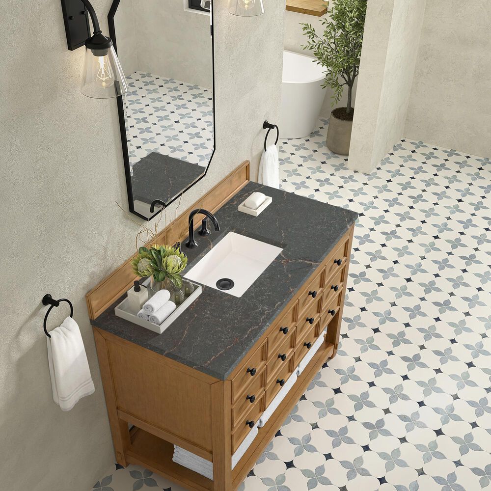 James Martin Malibu 48&quot; Single Bathroom Vanity in Amber Birch with 3 cm Parisien Bleu Quartz Top and Rectangular Sink, , large