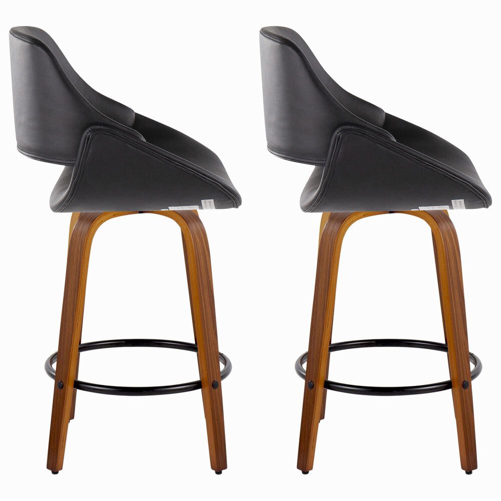 LumiSource Fabrico 26" Swivel Fixed-Height Counter Stool with Black Faux Leather Upholstery in Black and Walnut (Set of 2), , large