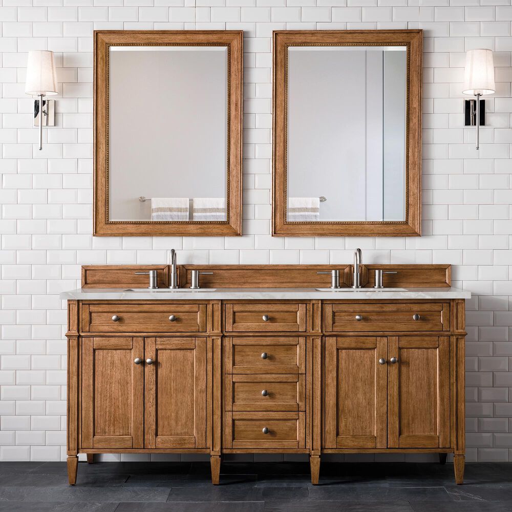 James Martin Vanities Brittany 72" Double Bathroom Vanity in Saddle Brown with 3 cm Eternal Jasmine Pearl Silestone Top, Rectangular Sinks and FreePower Wireless Charger, , large
