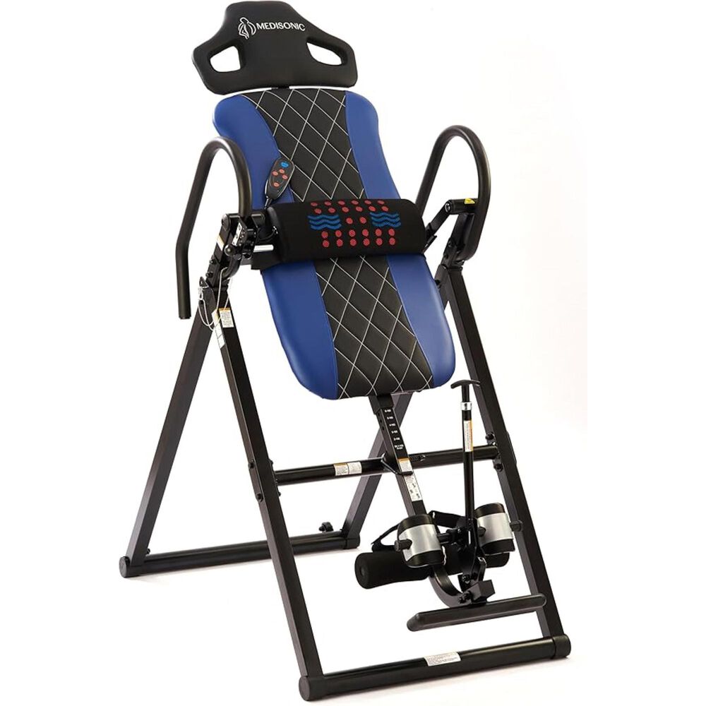 Zeus Gear Medisonic Inversion Therapy Table with Adjustable Headrest and Adjustable/Removable Heat & Vibration Massage Lumbar Pad Blue, , large