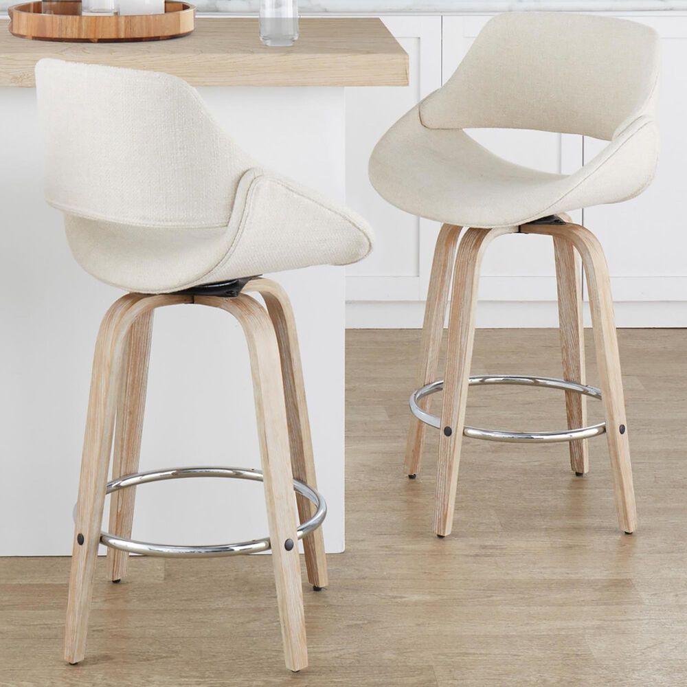 LumiSource Fabrico 26" Swivel Fixed-Height Counter Stool with Cream Noise Fabric Upholstery in Chrome and Whitewashed (Set of 2), , large