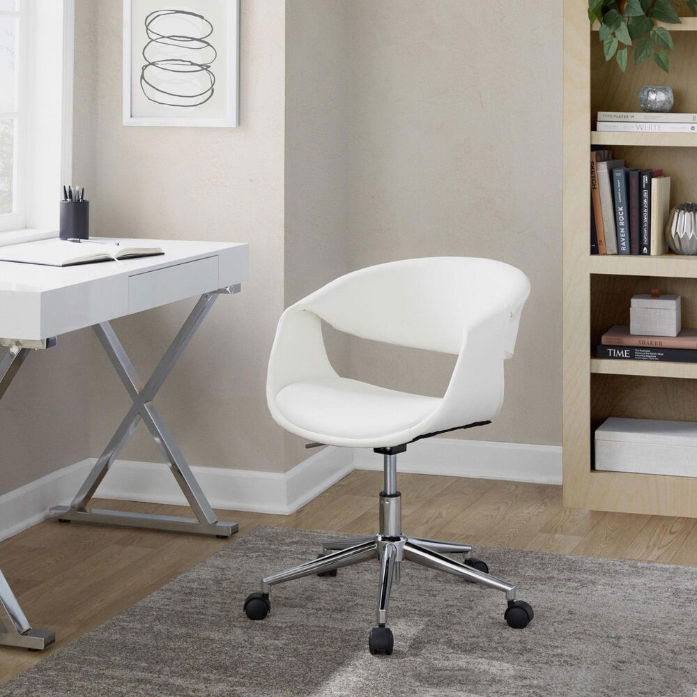 LumiSource Curvo Swivel Task Chair with White Faux Leather Cushion in Chrome, , large