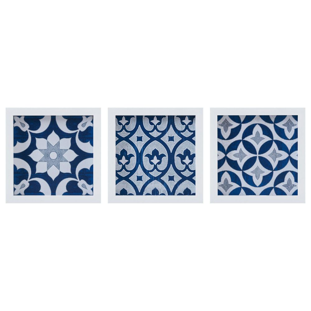 Hampton Park Patterned Tiles Navy Paper Printed with Gel Coat and Framed Wall Decor 3 Piece Set, , large
