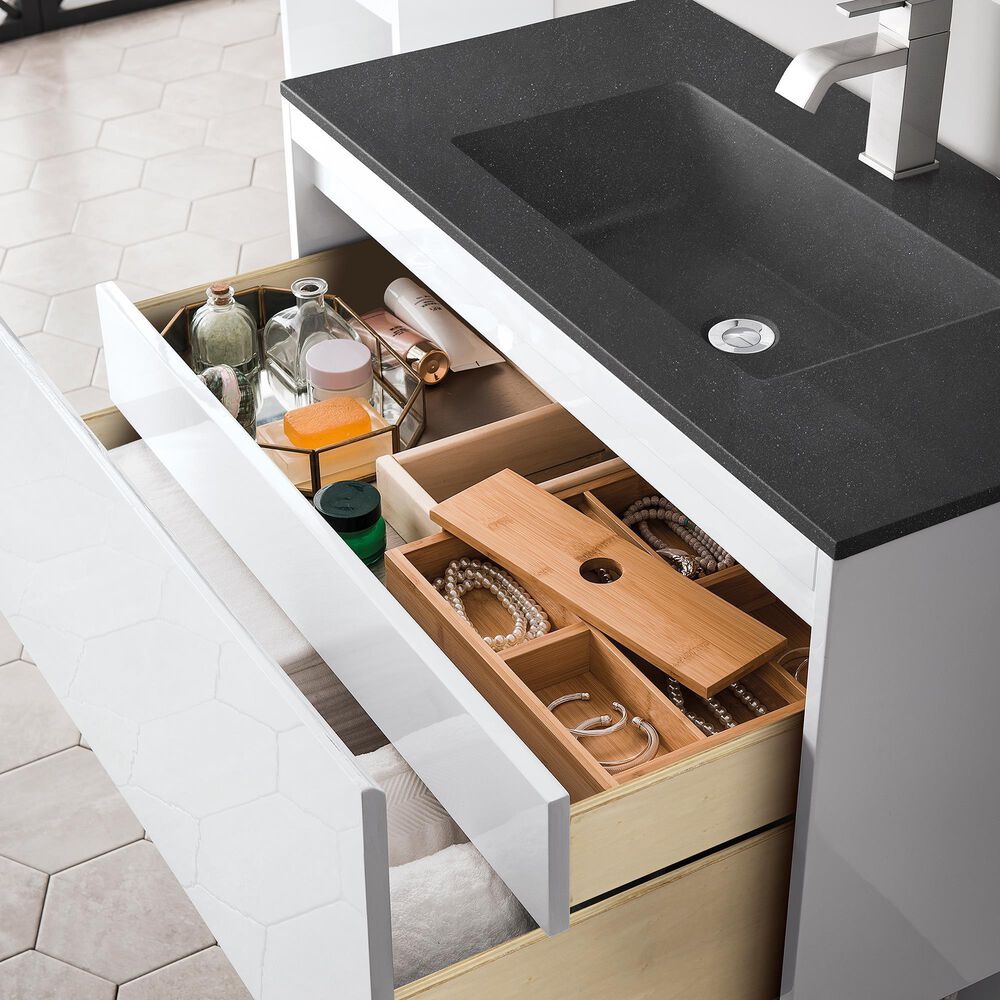 James Martin Mantova 35.4&quot; Single Bathroom Vanity in Glossy White and Matte Black with 2 cm Charcoal Black Resin Countertop and Rectangular Sink, , large