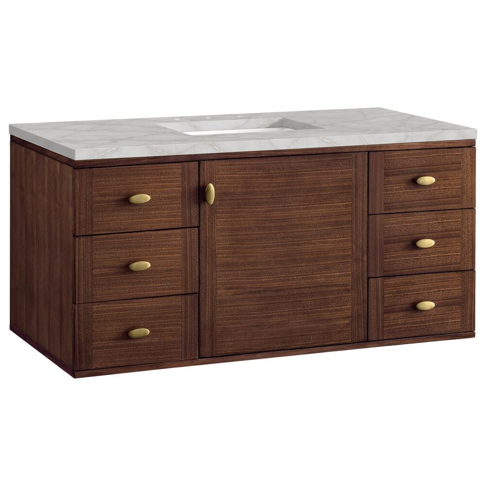 James Martin Vanities Amberly 48" Single Bathroom Vanity in Mid-Century Walnut with 3 cm Eternal Jasmine Pearl Silestone Top, Rectangular Sink and FreePower Wireless Charger, , large