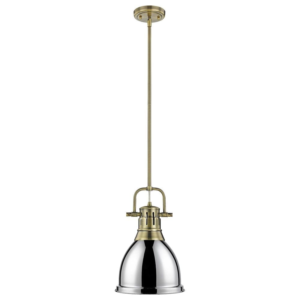 Golden Lighting Duncan 1-Light Small Pendant with Rod and Chrome Shade in Aged Brass, , large