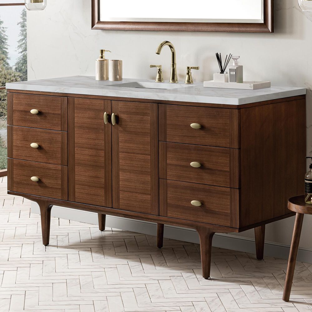 James Martin Vanities Amberly 60" Single Bathroom Vanity in Mid-Century Walnut with 3 cm Eternal Jasmine Pearl Silestone Top, Rectangular Sink and FreePower Wireless Charger, , large