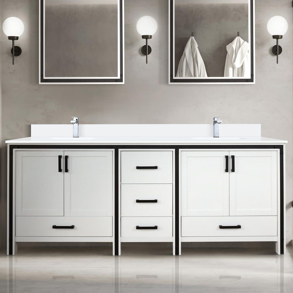 Lexora Home Ziva 80&quot; Double Bathroom Vanity in White with 2 cm White Cultured Marble Top and Rectangular Sinks, , large