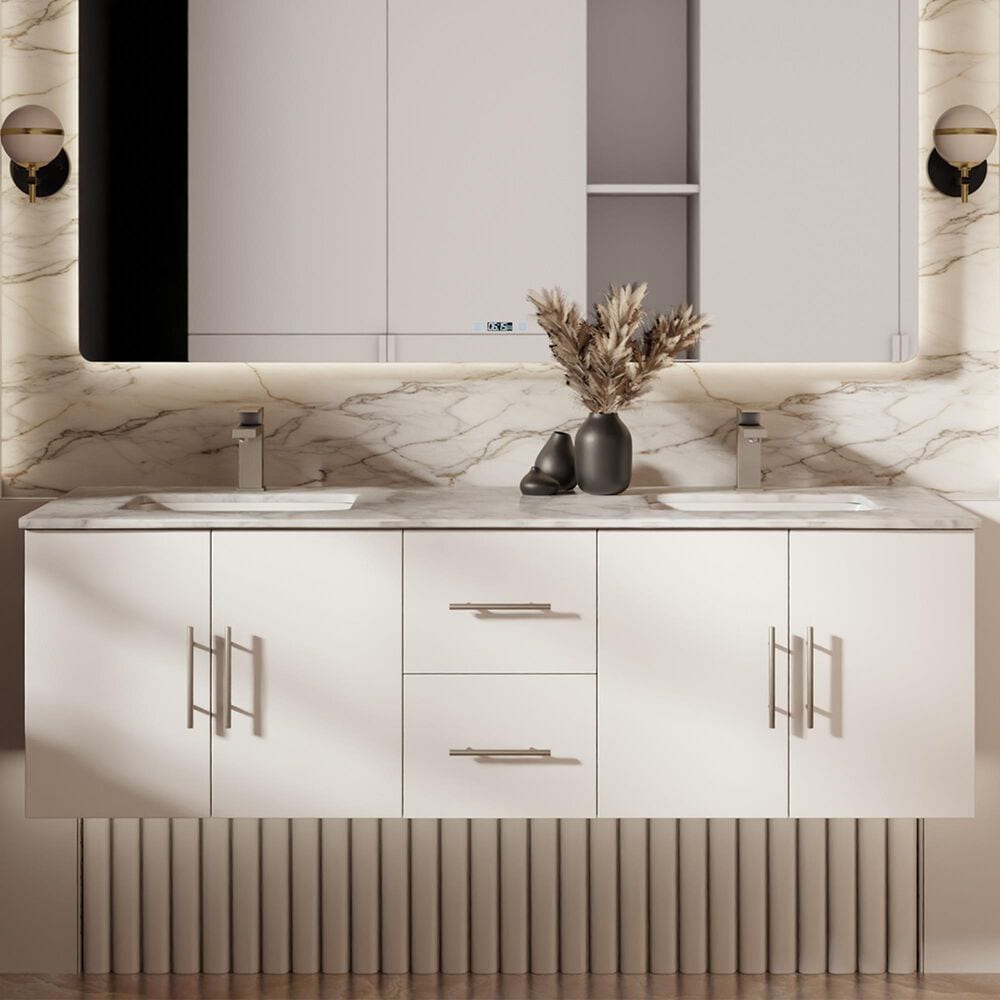 Lexora Home Geneva 60" Double Bathroom Vanity in Glossy White with 2 cm White Carrara Marble Top and Rectangular Sinks, , large