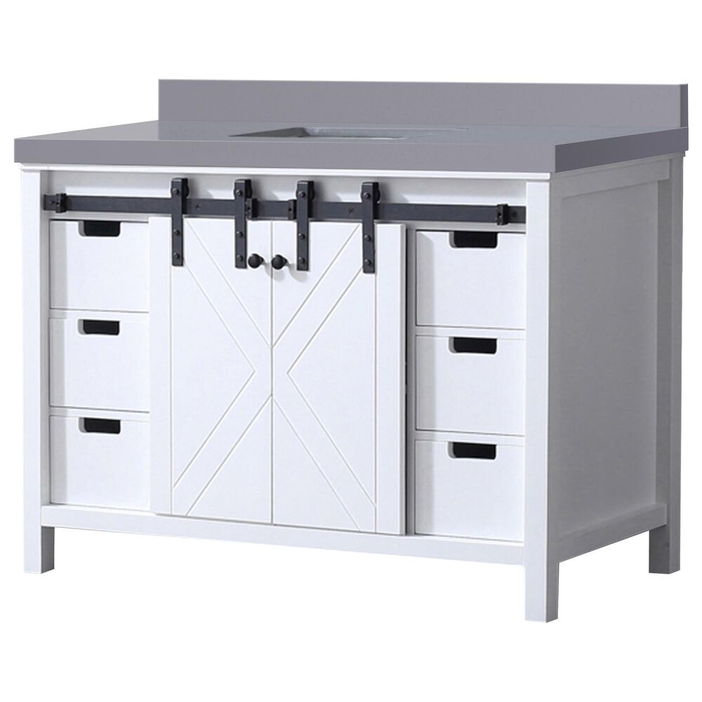 Lexora Home Marsyas 48&quot; Single Bathroom Vanity in White with Grey Quartz Top and Rectangular Sink, , large