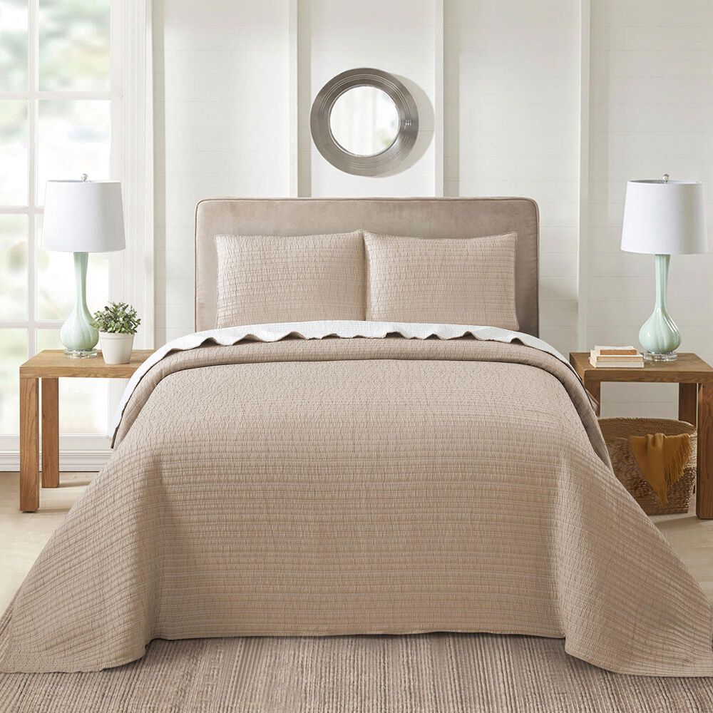 Duke Imports 3-Piece Jacquard Full/Queen Quilt Set in Double Stitched Tan, , large
