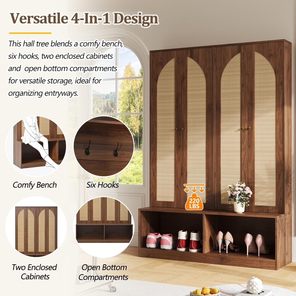 HOMLUX 6-Hook Hall Tree with 2-Rattan Doors in Walnut, , large