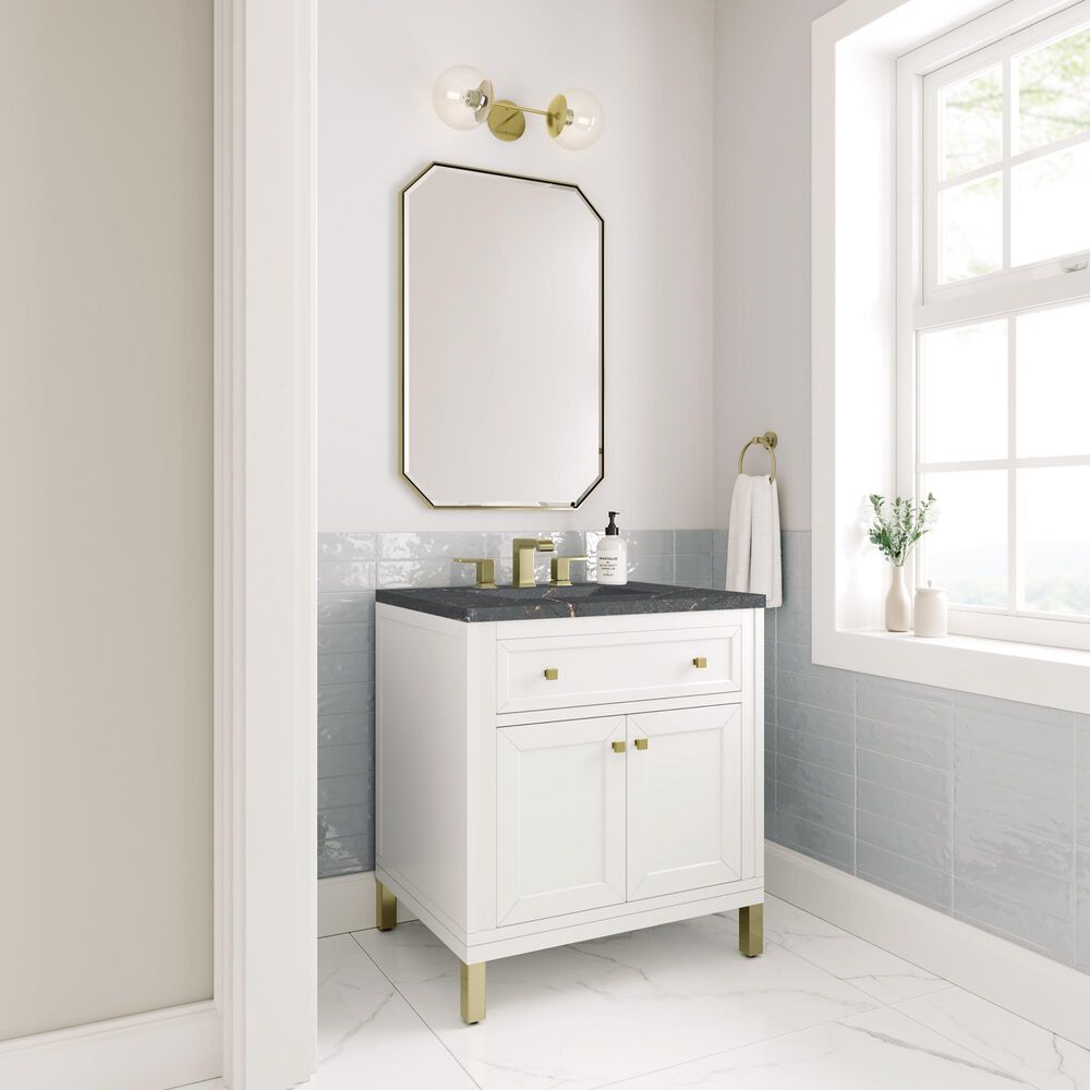 James Martin Vanities Chicago 30&quot; Single Bathroom Vanity in Glossy White with 3 cm Parisien Bleu Quartz Top and Rectangular Sink, , large
