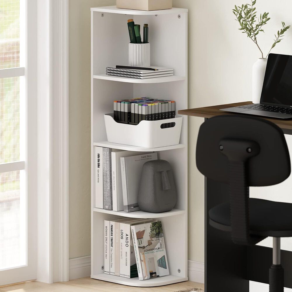 HOMLUX 4-Tier Corner Open Shelf Bookcase in White, , large