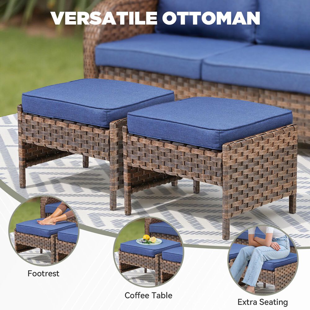 Hearth and Haven Patio Wicker Ottoman with Open Base Design in Blue (Set of 2), , large