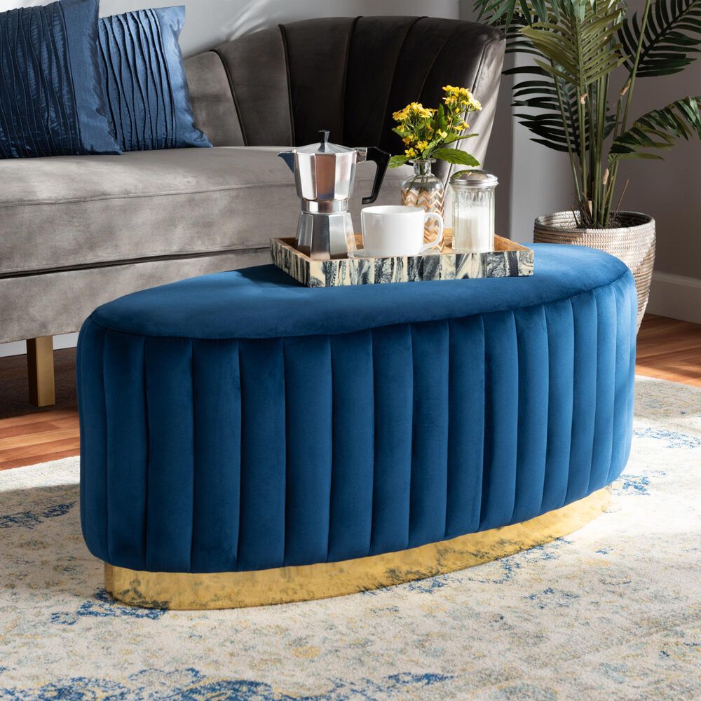 Baxton Studio Kirana Ottoman in Navy Blue and Gold, , large