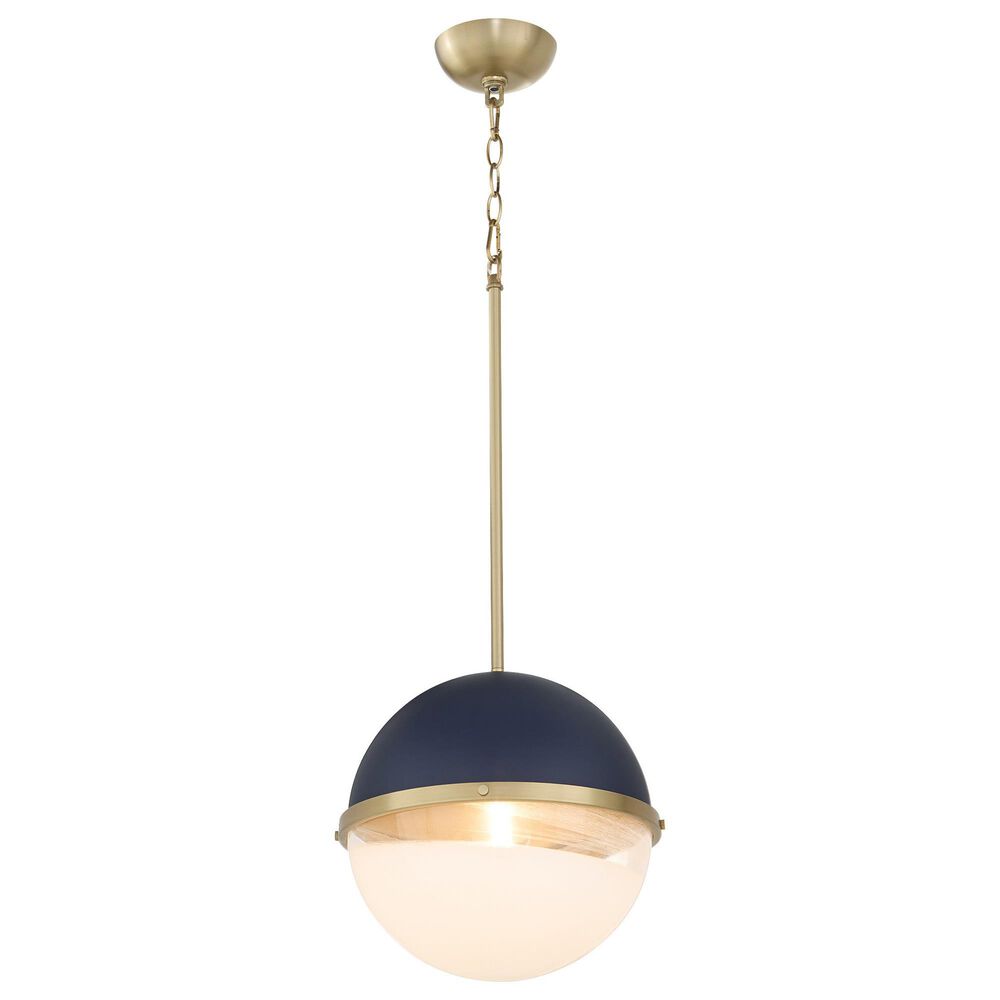 Quorum 1-Light Pendant in Aged Brass and Milk Glass Sphere Blue, , large