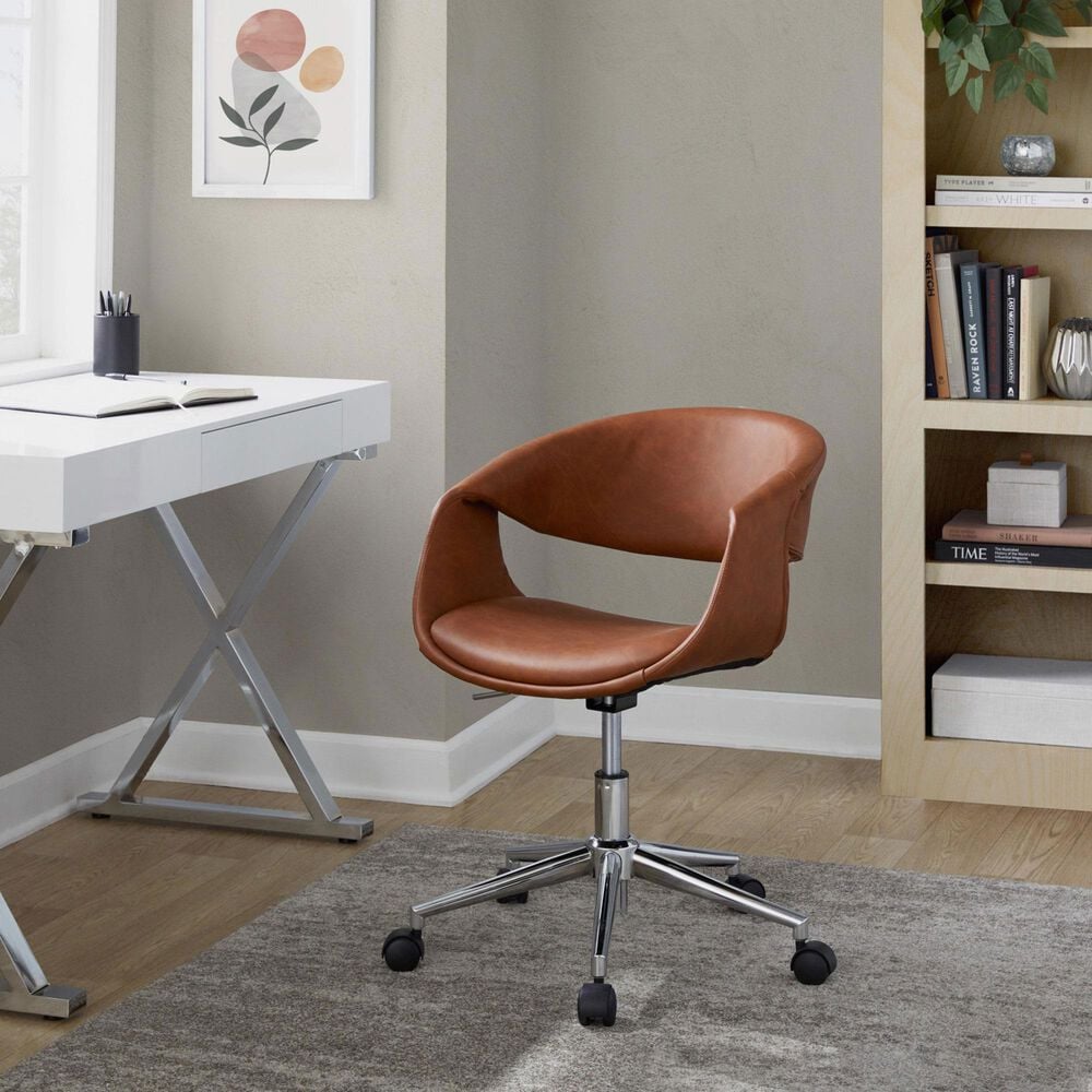 LumiSource Curvo Swivel Task Chair with Camel Faux Leather Cushion in Chrome, , large