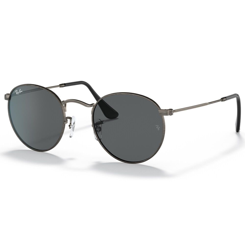 Ray-Ban Round Metal Antiqued Sunglasses with Dark Grey Lenses in Matte Gunmetal, , large