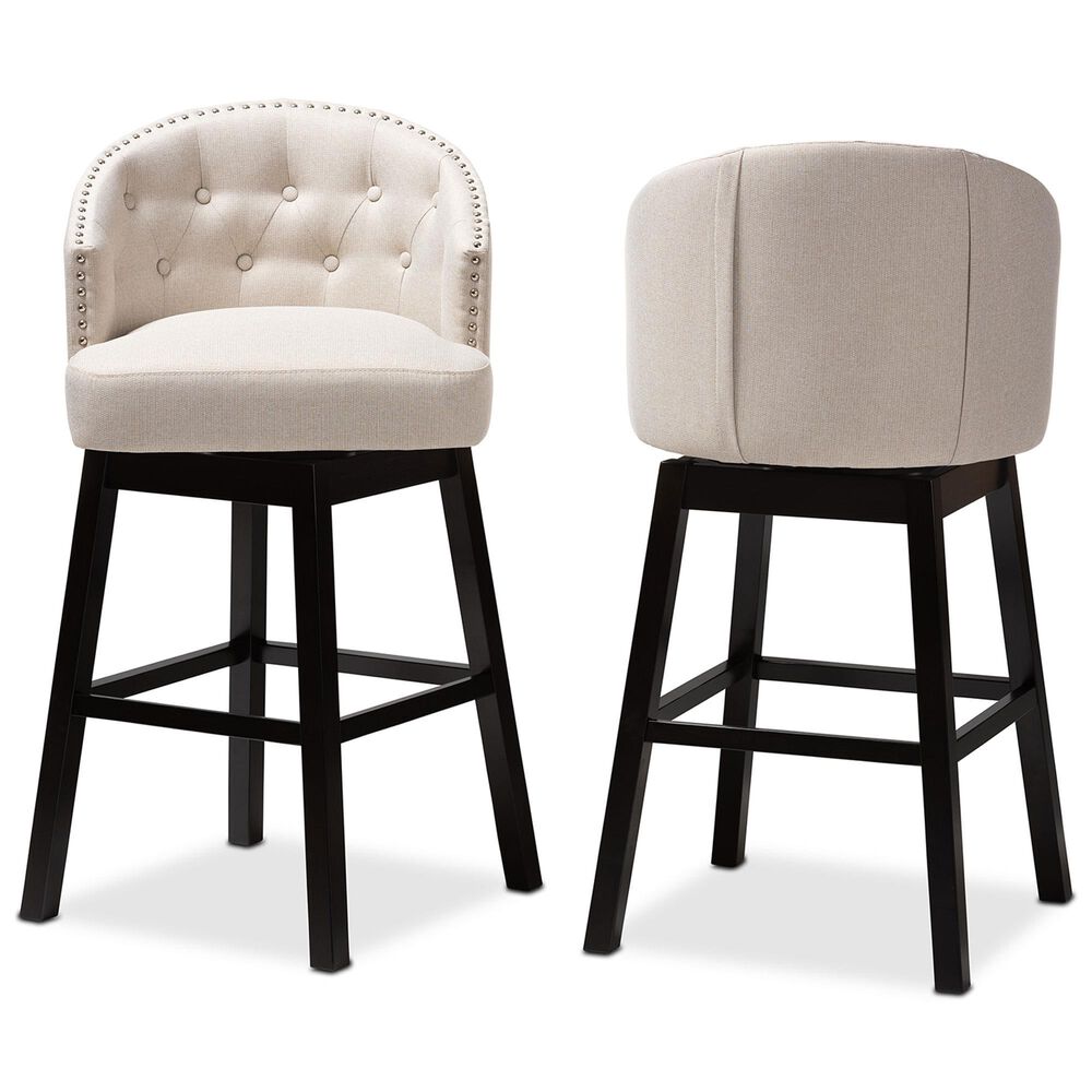 Baxton Studio Theron Swivel Bar Stool with Light Beige Cushion in Espresso (Set of 2), , large