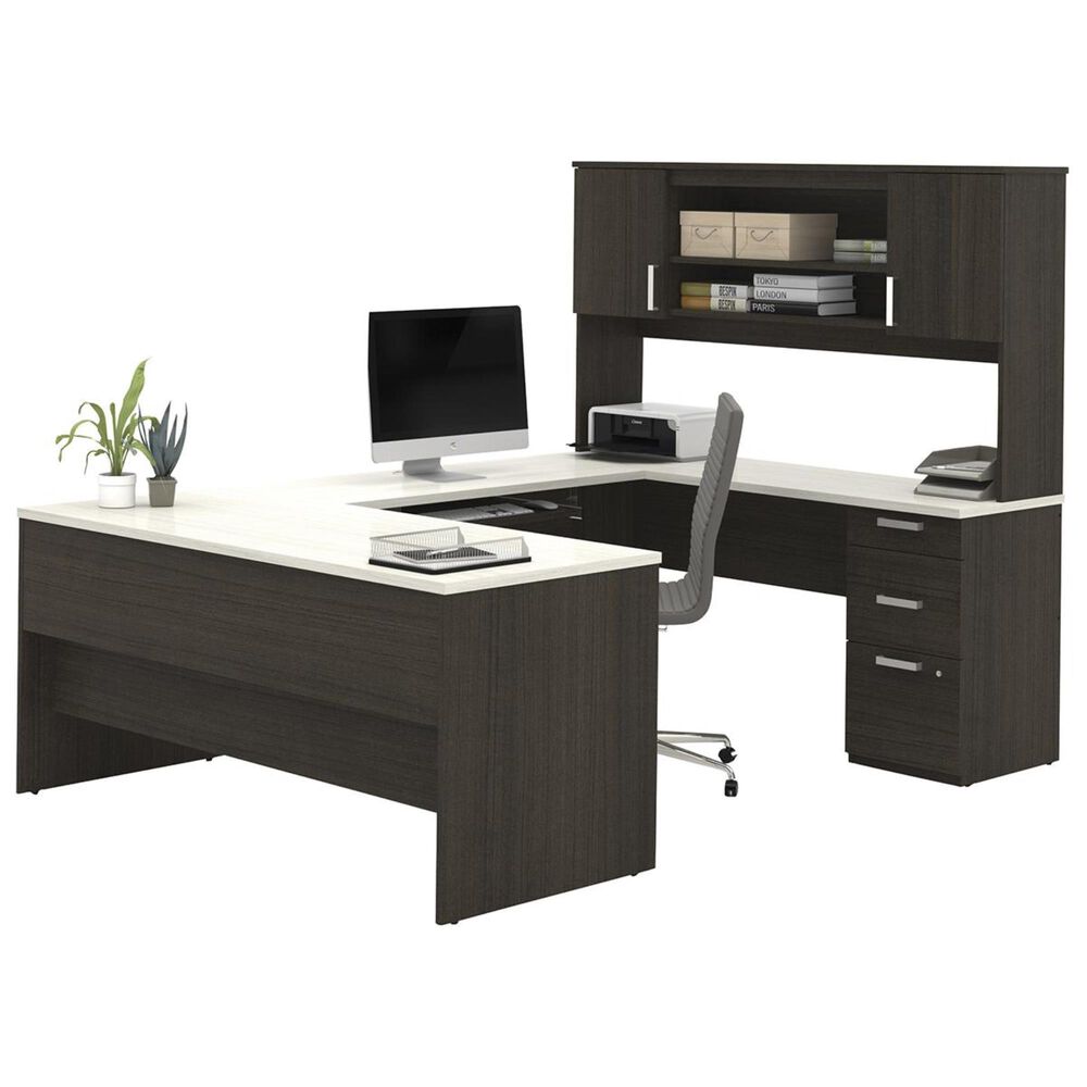 Bestar Ridgeley U-Shaped Desk With Lateral File And Bookcase In Dark Chocolate & White Chocolate, , large