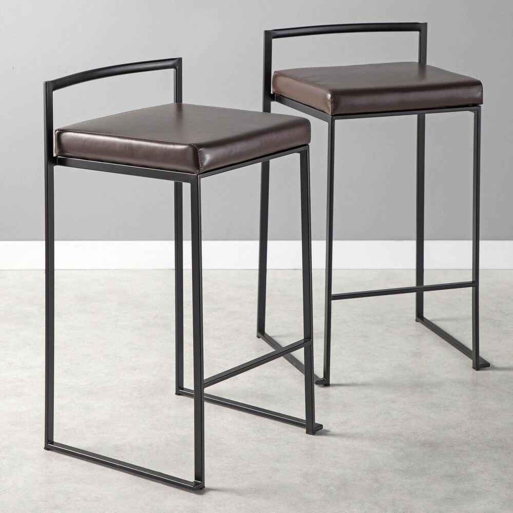 Lumisource Fuji Stackable Counter Stool with Brown Faux Leather Cushion in Black &#40;Set of 2&#41;, , large