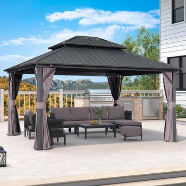 HOMLUX 12" x 14" Outdoor Hardtop Gazebo with Galvanized Steel Roof, Netting, and Curtains, Gray, , large