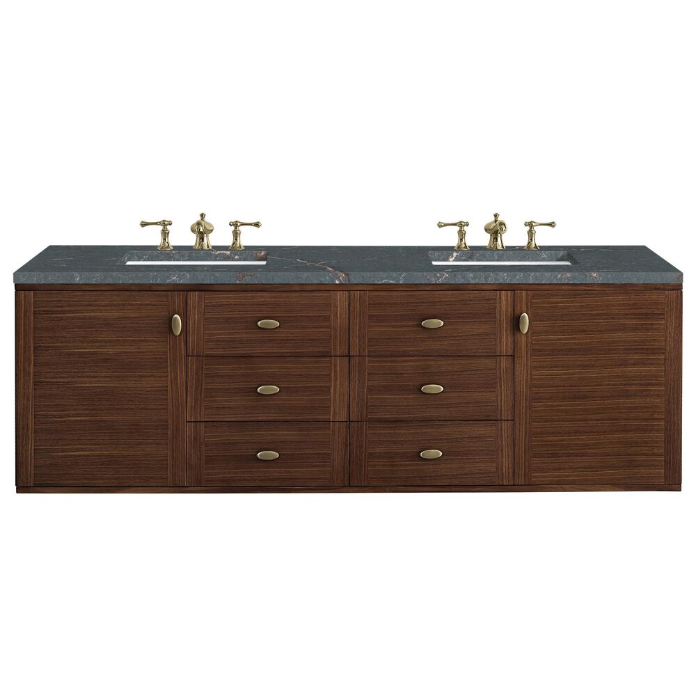James Martin Vanities Amberly 72&quot; Double Bathroom Vanity in Mid-Century Walnut with 3 cm Parisien Bleu Quartz Top and Rectangular Sinks, , large