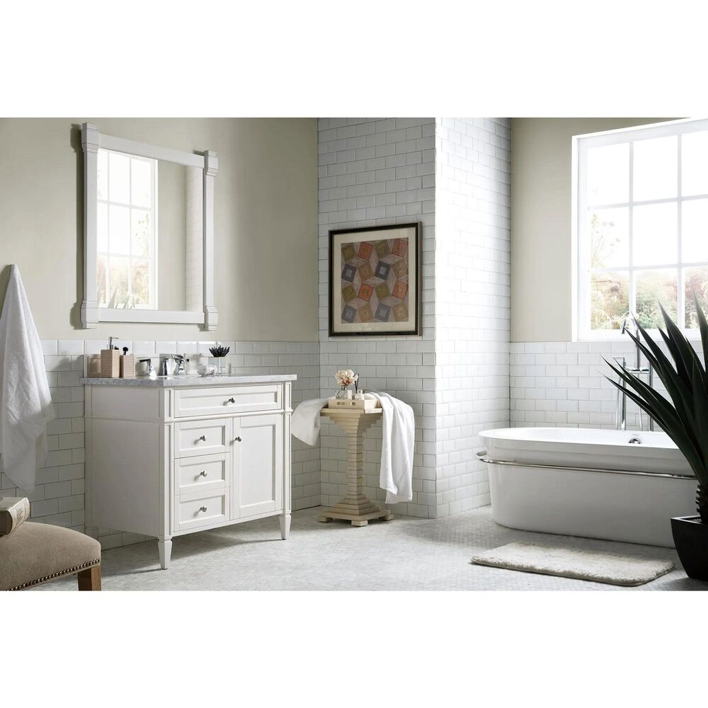 James Martin Vanities Brittany 36&quot; Single Bathroom Vanity in Bright White with 3 cm Carrara White Marble Top and Rectangle Sink, , large