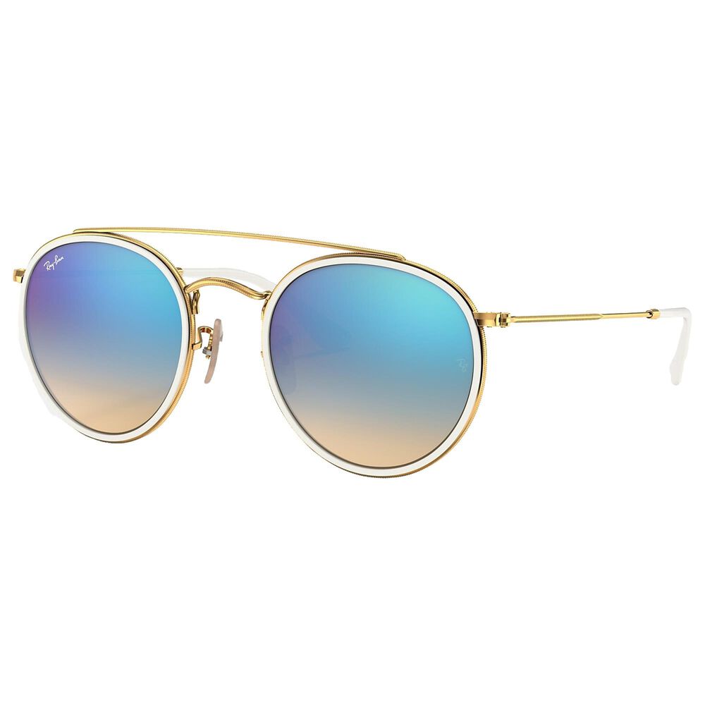 Ray-Ban Round Double Bridge Sunglasses with Blue Lenses in Polished Gold, , large