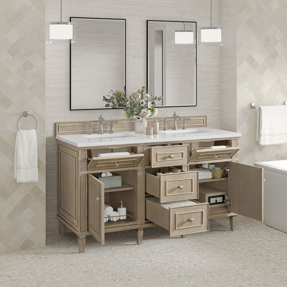 James Martin Vanities Lorelai 60&quot; Double Vanity in Whitewashed Oak with 3 cm White Zeus Quartz Top, , large