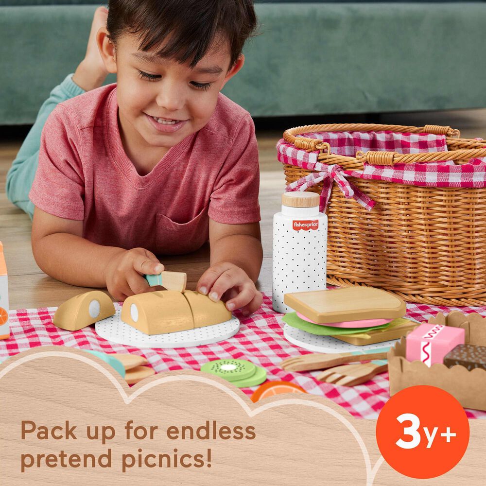 Fisher Price Wooden Picnic Basket and Food Pretend Play Set in Multicolor, , large