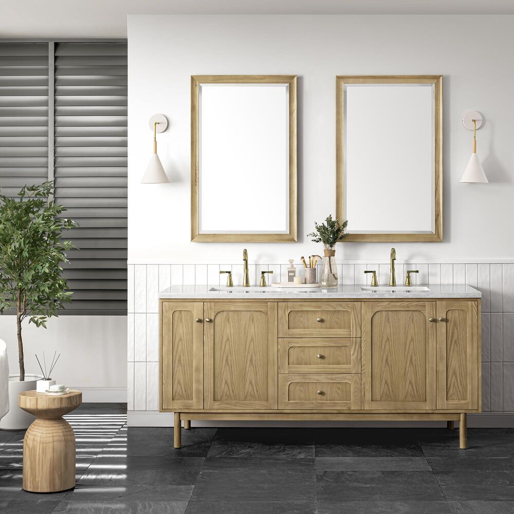 James Martin Vanities Laurent 72&quot; Double Bathroom Vanity in Light Natural Oak with 3 cm Arctic Fall Solid Surface Top and Rectangular Sinks, , large