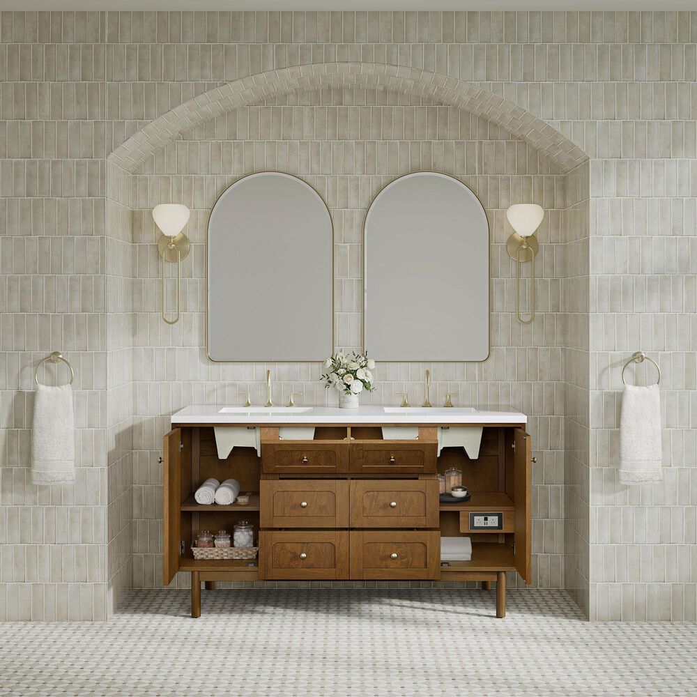 James Martin Laurent 60" Double Bathroom Vanity in Honey Oak with 3 cm White Zeus Silestone Top and Rectangular Sinks, , large