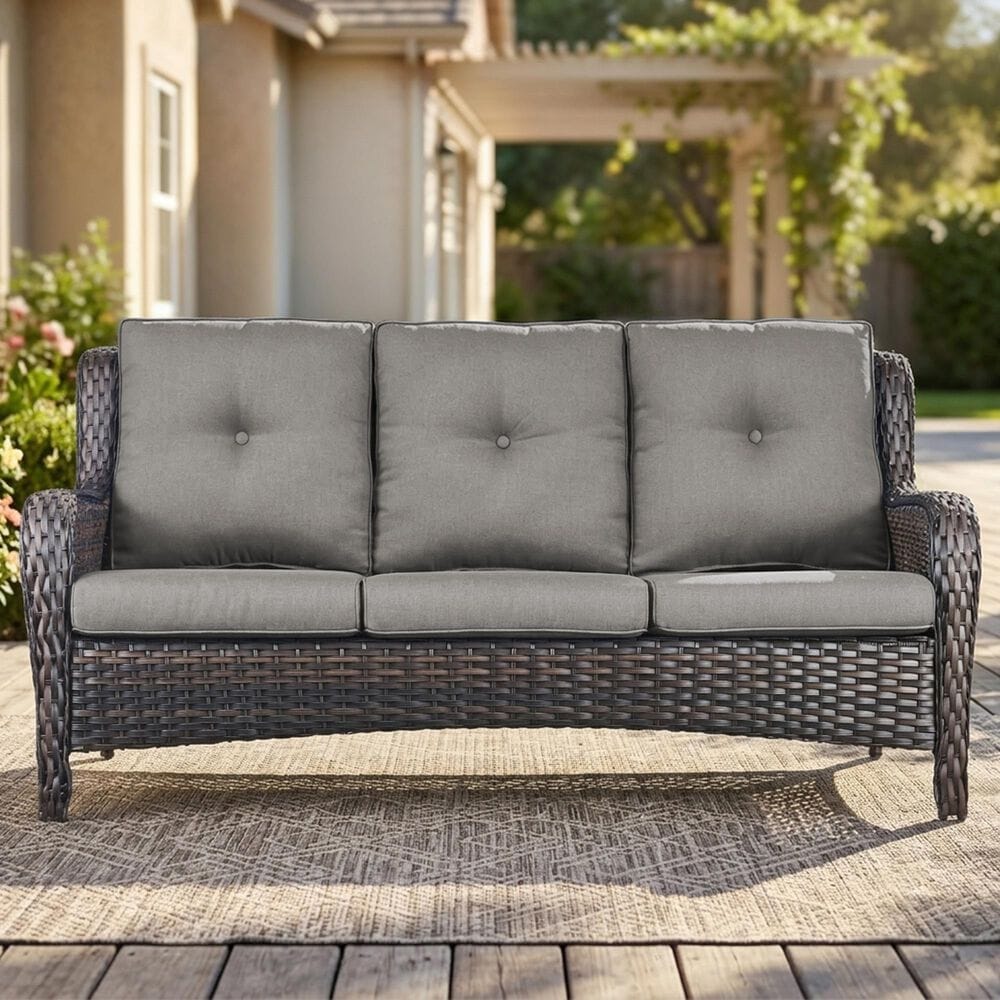 Sunwell Garden Outdoor Sofa with Brown Rattan in Grey, , large